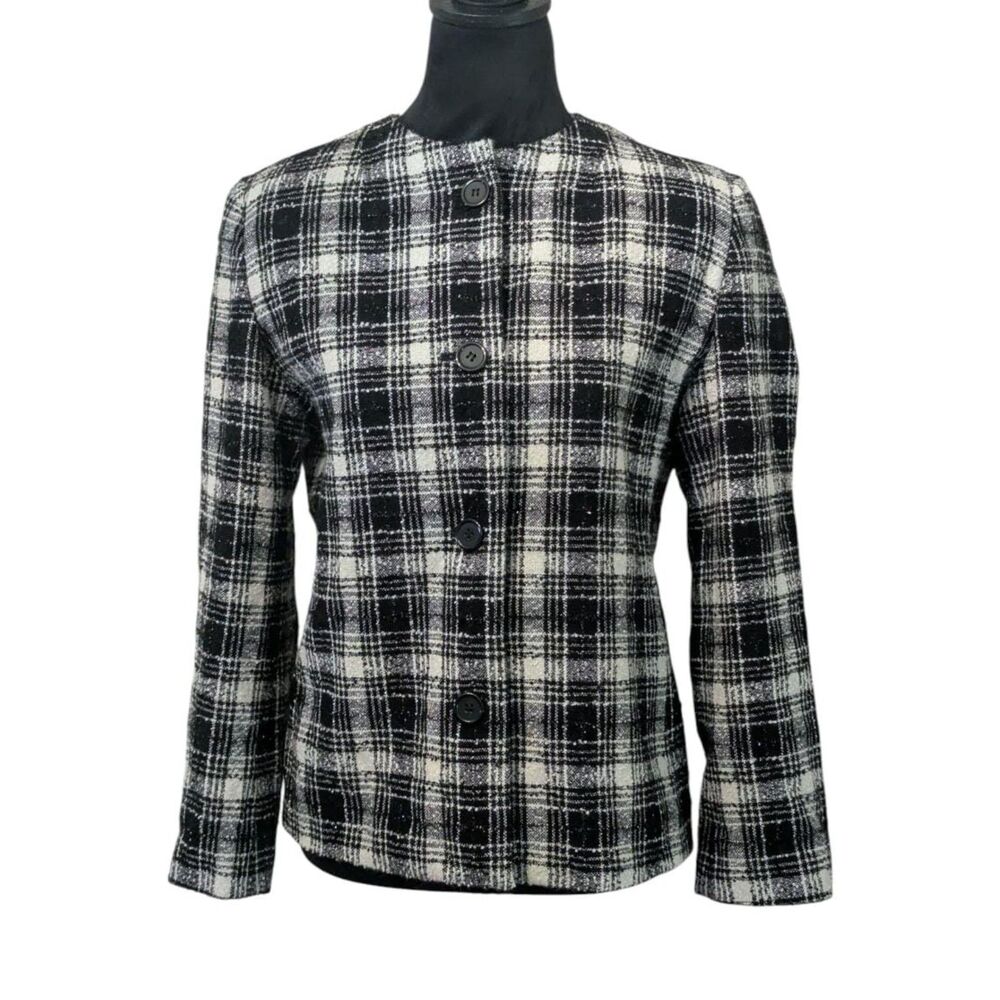 Preston & York Petites 8P Black White Plaid Tweed Collarless Blazer Wool Blend